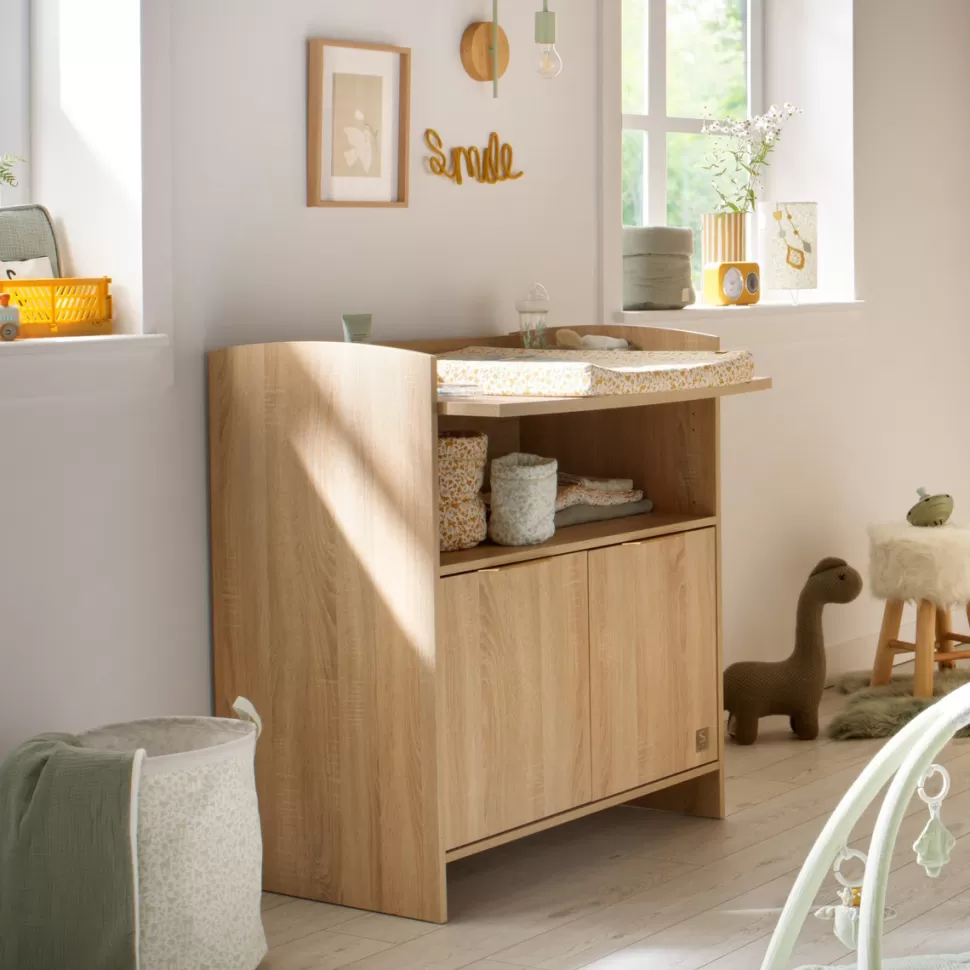 Sauthon Meuble Bébé>Commode et Plan à Langer Azur - Chêne Doré