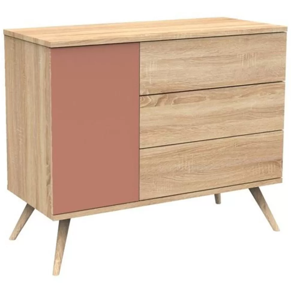 Sauthon Meuble Bébé>Commode et Plan à Langer Seventies - Chêne Doré et Terracotta
