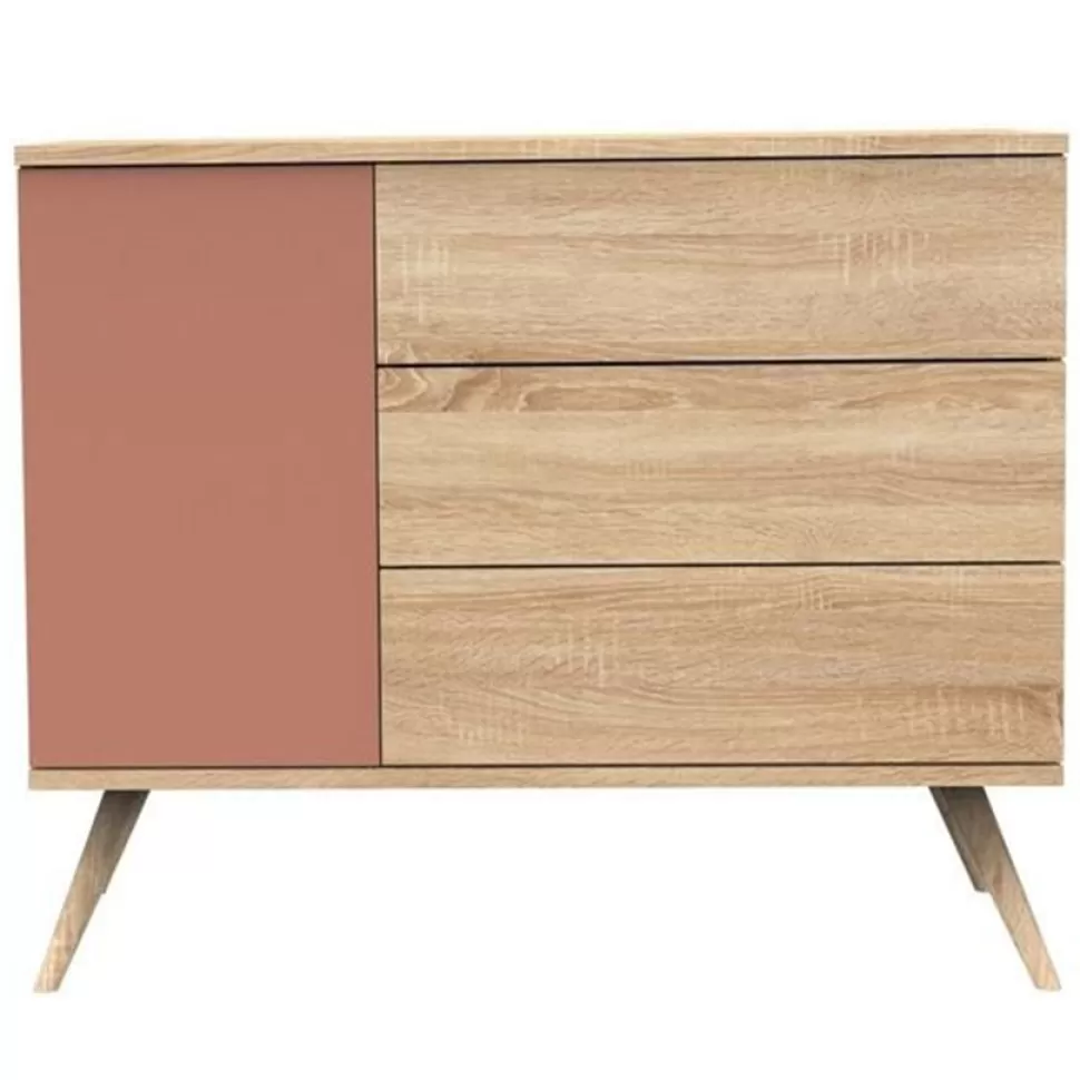 Sauthon Meuble Bébé>Commode et Plan à Langer Seventies - Chêne Doré et Terracotta