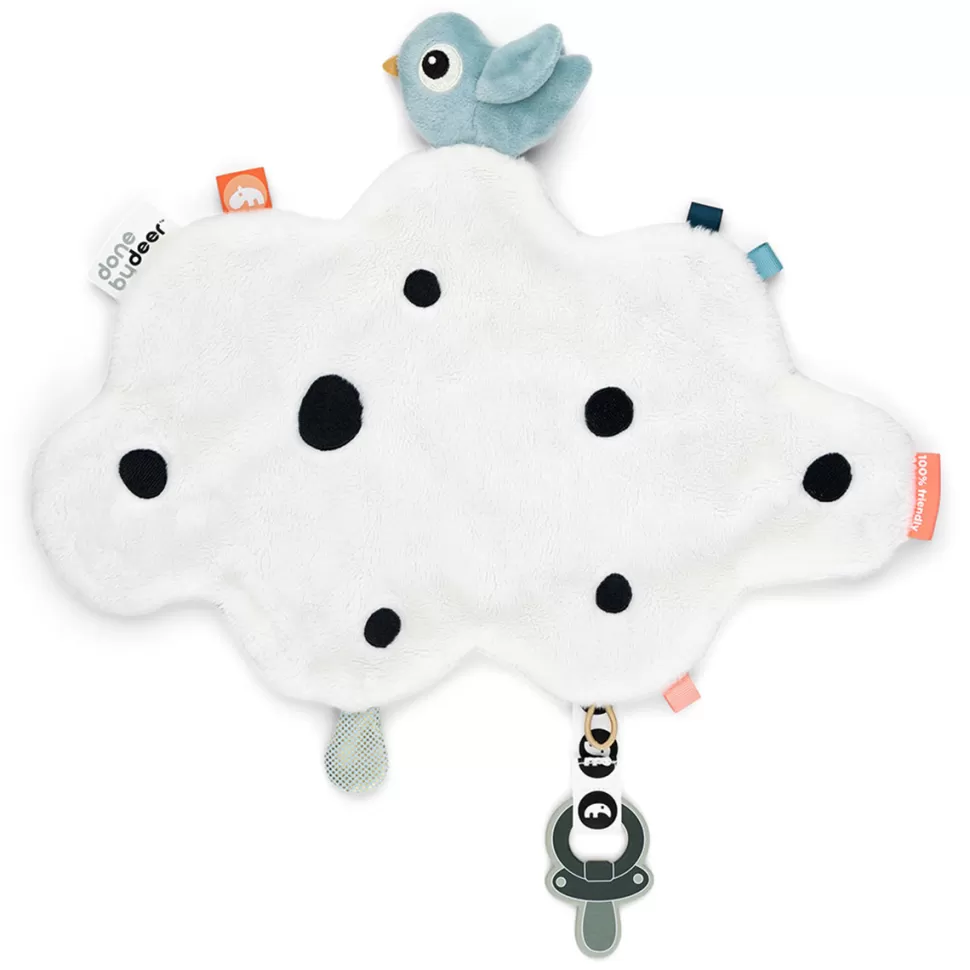 Done by Deer Doudou Personnalisé | Succion>Doudou Plat avec Attache Sucette - Happy Clouds Bleu