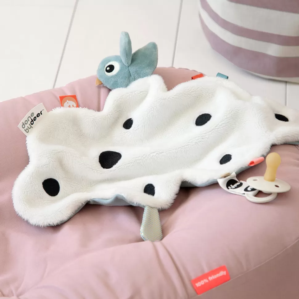 Done by Deer Doudou Personnalisé | Succion>Doudou Plat avec Attache Sucette - Happy Clouds Bleu