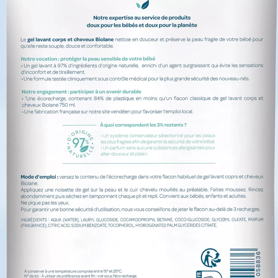 Enfant Biolane Cosmétique Enfant>Eco-recharge Gel Lavant Corps et Cheveux 2-en-1 - 500 ml