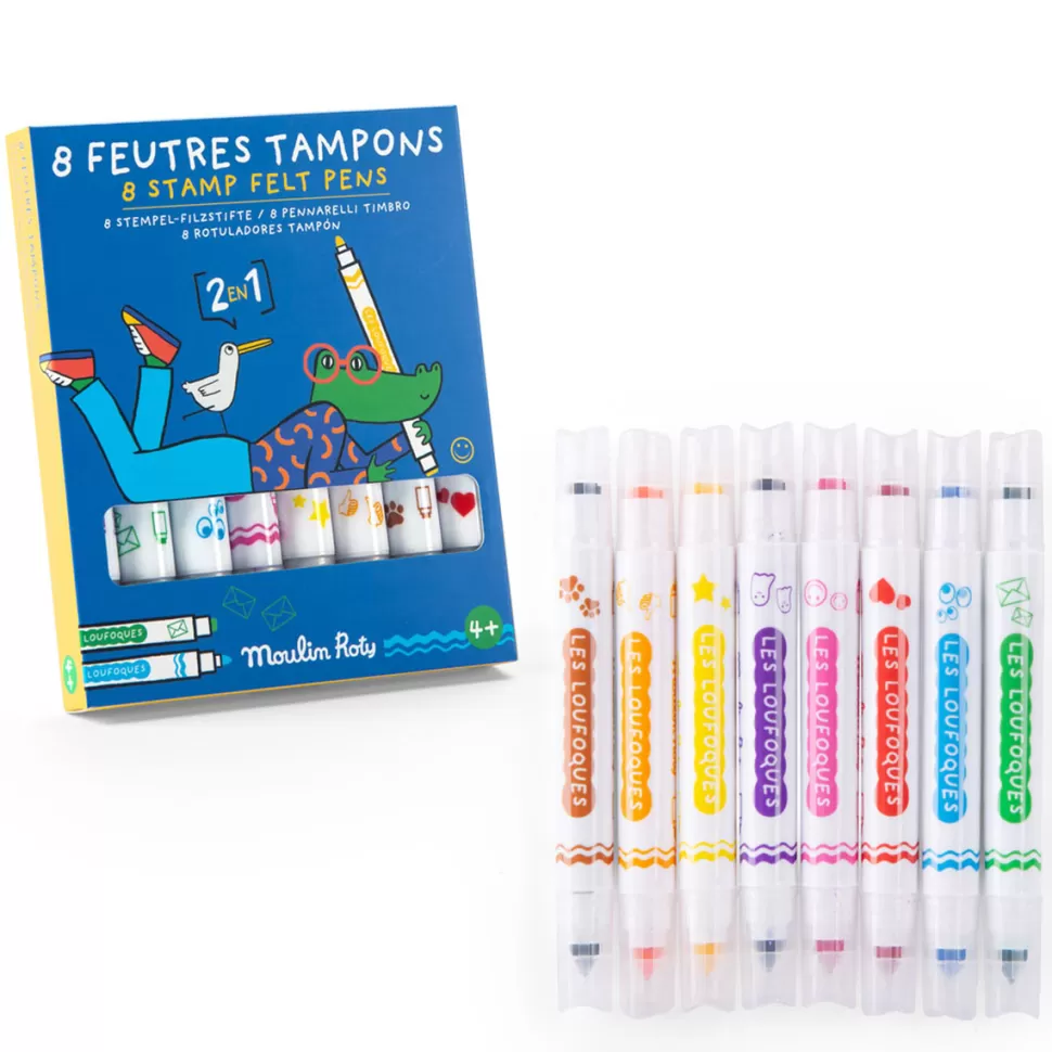 Moulin Roty Loisirs Créatifs>8 Feutres Tampons 2 en 1 - Les Loufoques