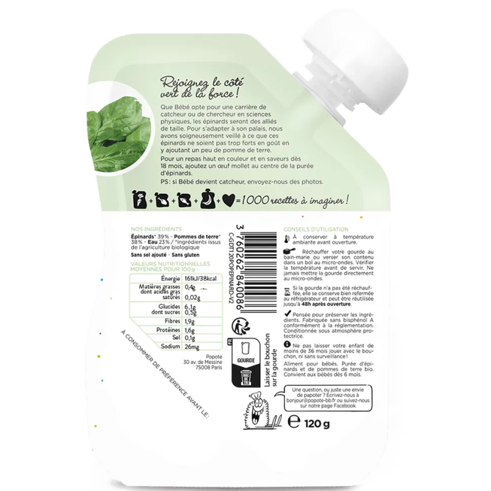 Popote Nourriture Bébé>Gourde Repas Bio Epinards - 120 g