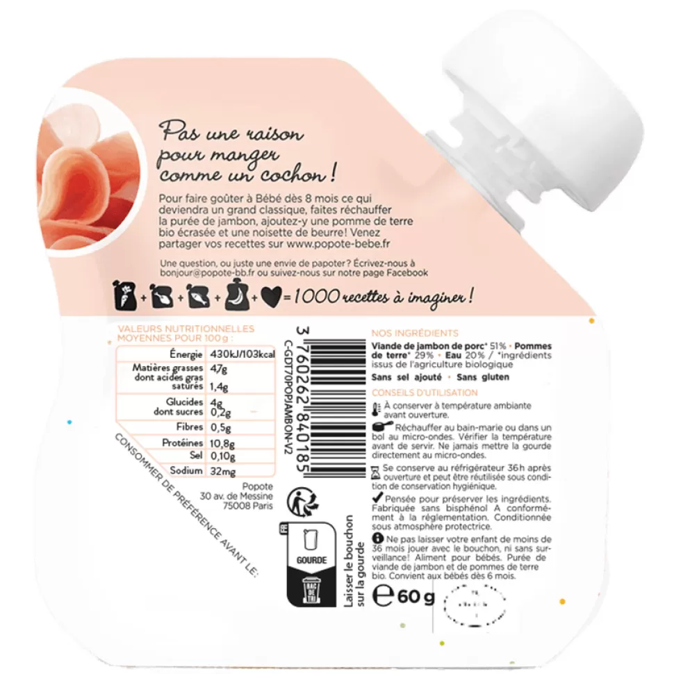 Popote Nourriture Bébé>Gourde Repas Bio Jambon - 60 g