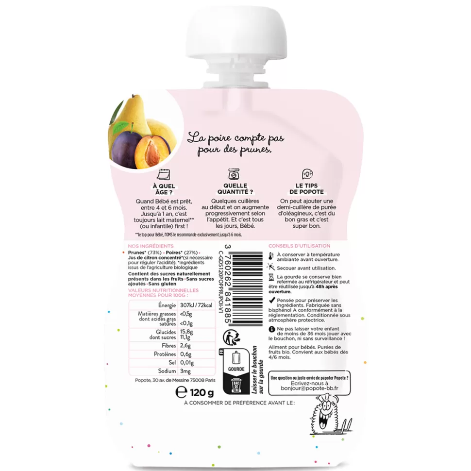 Popote Nourriture Bébé>Gourde Repas Bio Prunes et Poire - 120 g