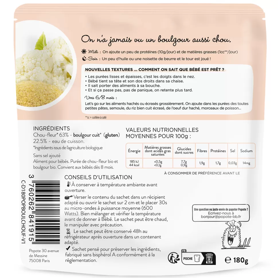 Popote Nourriture Bébé>Les Moulinés Chou-fleur et Boulgour - 180 g