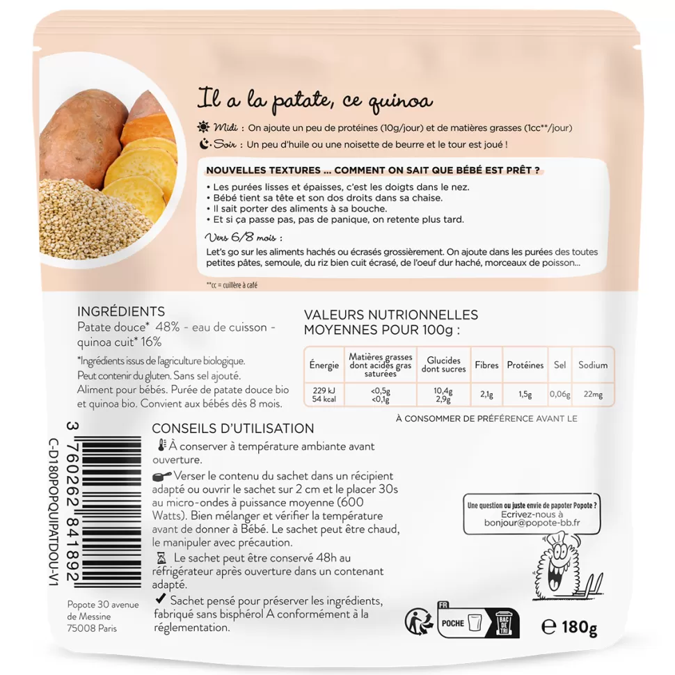 Popote Nourriture Bébé>Les Moulinés Patate Douce et Quinoa - 180 g