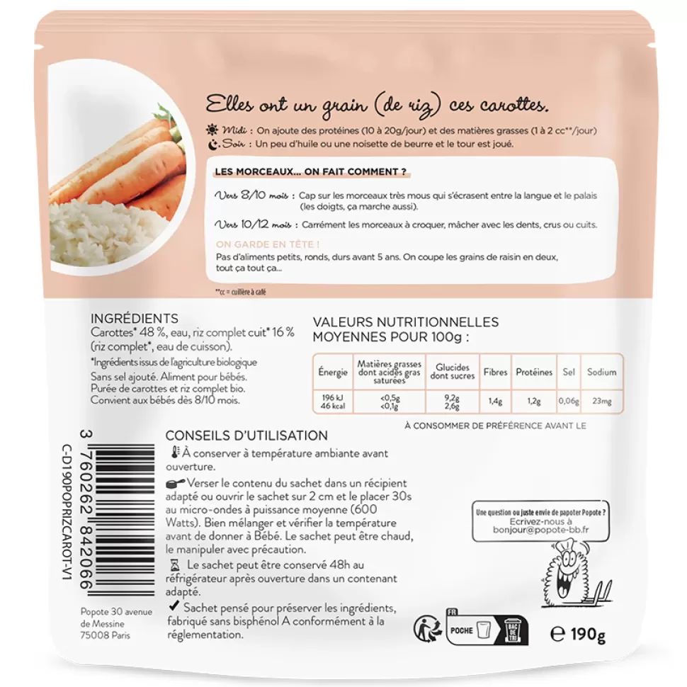 Popote Nourriture Bébé>Les Petits Morceaux Carottes et Riz Complet - 190 g