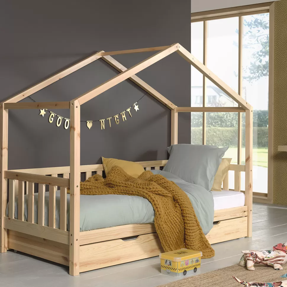 JAXX Meuble Bébé>Lit Maison Dallas avec Barrière et Tiroir Naturel - 90 x 200 cm