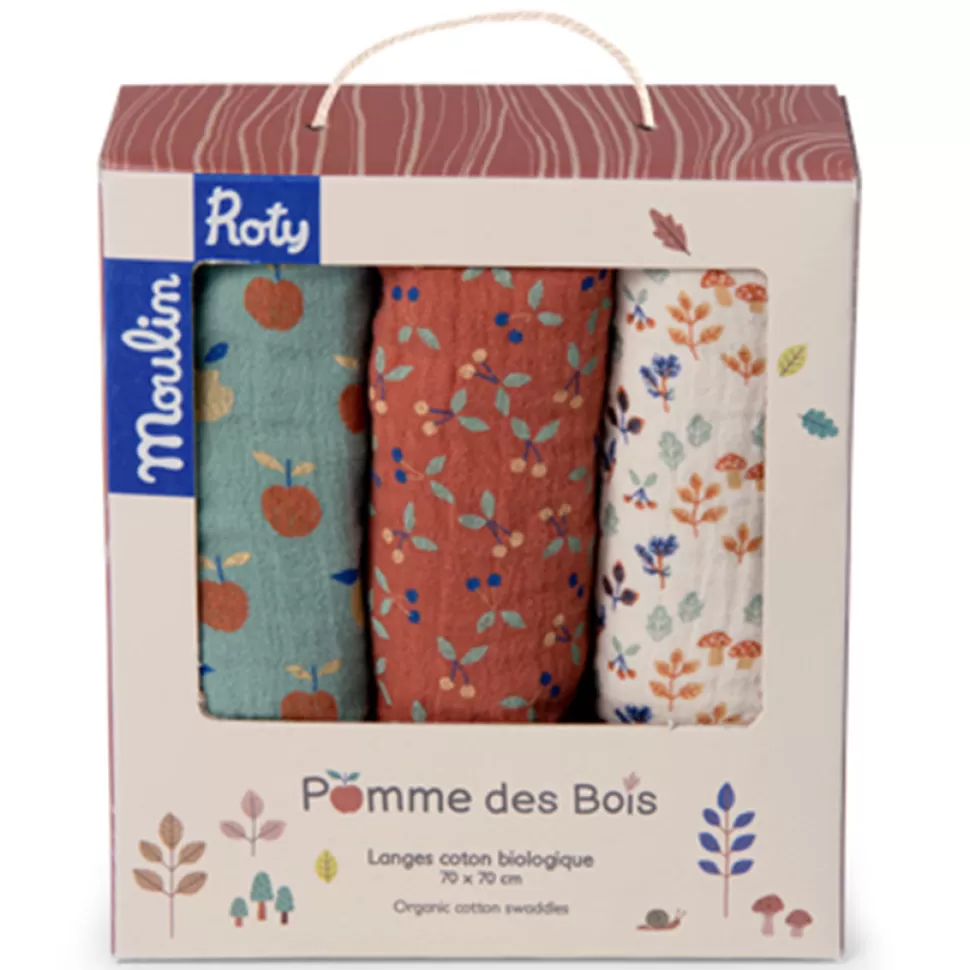 Moulin Roty Textile>Lot de 3 Langes Pomme des Bois - Cerises Forêt et Pommes