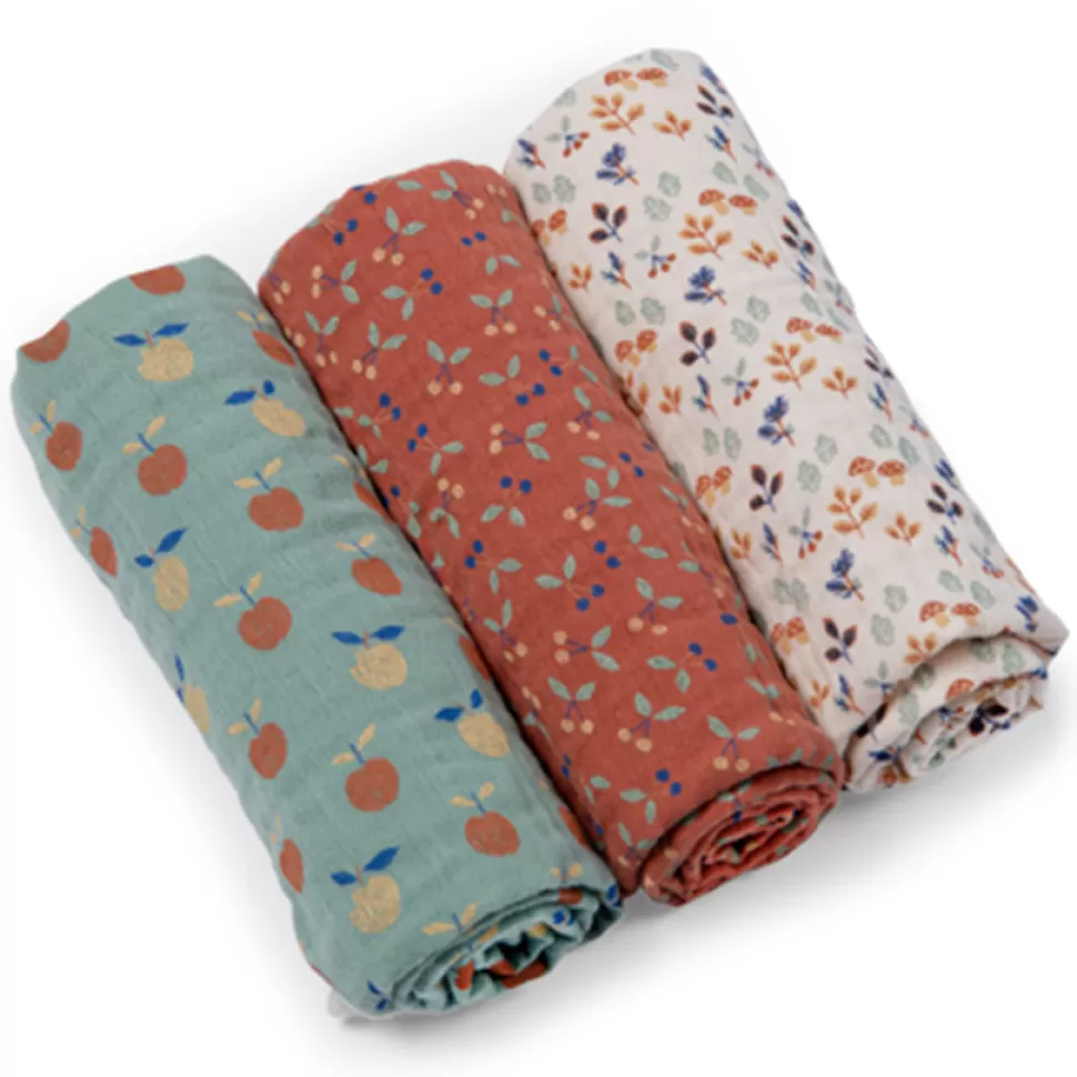 Moulin Roty Textile>Lot de 3 Langes Pomme des Bois - Cerises Forêt et Pommes