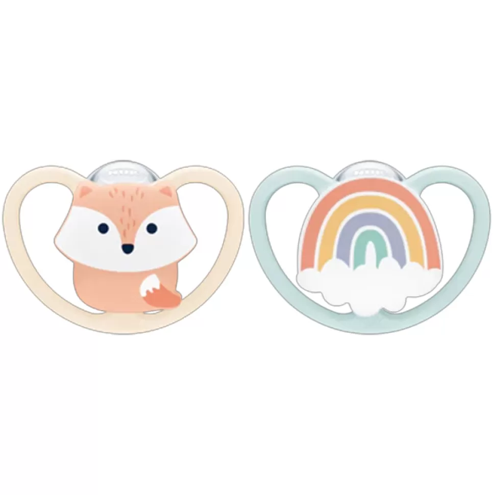 NUK Succion>Lot de 2 Sucettes Space Nuit Renard et Arc-en-ciel - 0/6 Mois