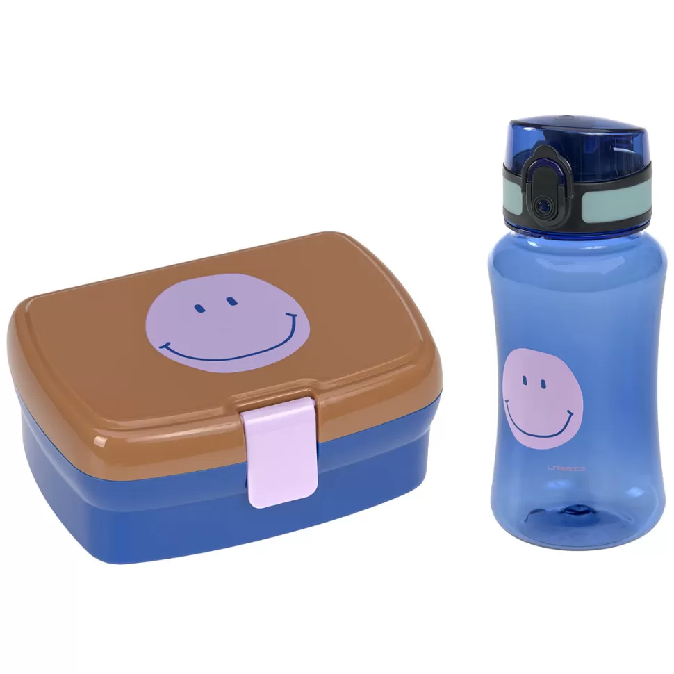 LÄSSIG Repas>Set Boîte à Goûter et Gourde Little Gang - Smile Bleu