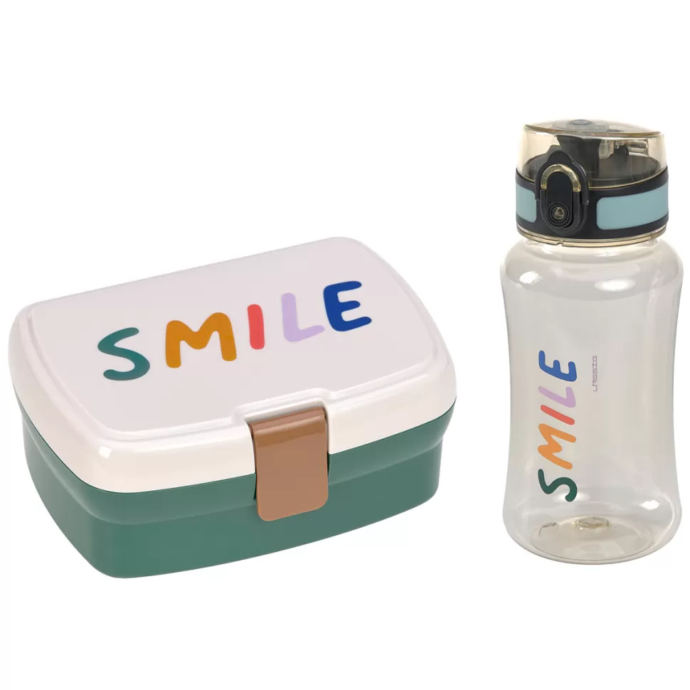 LÄSSIG Repas>Set Boîte à Goûter et Gourde Little Gang - Smile Vert Océan
